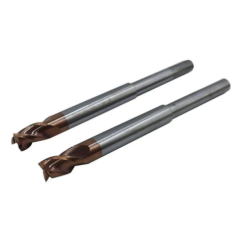 Two Piece Quarter Inch Reduced Shank Router End Mill Set Featuring Five Sixteenth Inch Cutting Diameter, Thirty Seven Degree Helix