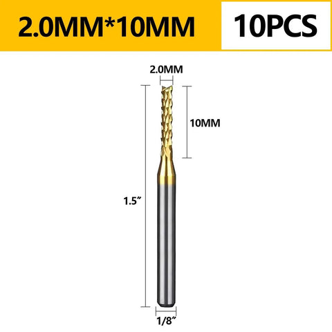 2.0mm TiN Coated Solid Carbide End Mills Set For PCB Engraving And CNC Routing, close-up of single bit with dimensions