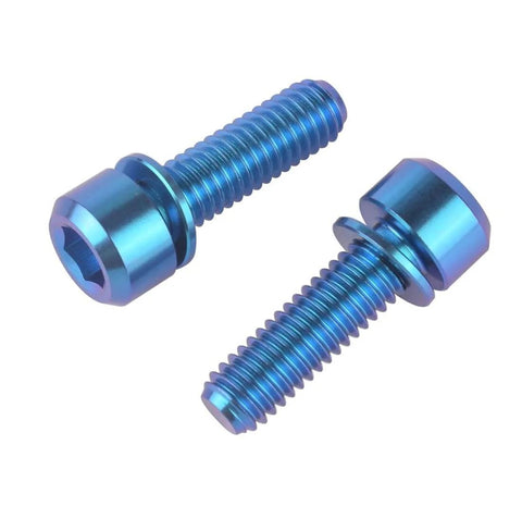 Two blue Titanium Bike Bolts M6x18mm With Washer Allen Hex Style 4 Pack Lightweight Ti Alloy With 10mm Head And 1mm Washer