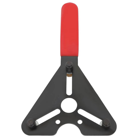Roadfar A/C clutch holding tool, front view with red handle and black triangular metal frame
