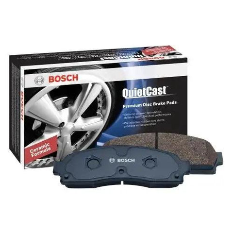 Bosch QuietCast ceramic disc brake pads pair front view with box
