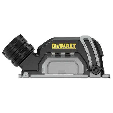 Side view of DEWALT 20V Max XR Brushless Cut Off Tool, Compact Bare Tool DCS438B with measurement guide and dust shroud.