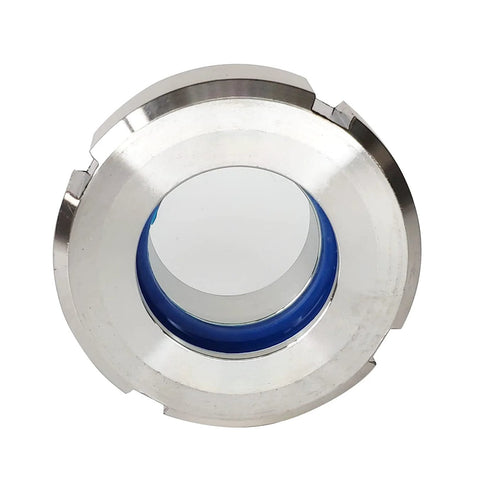 Weld union sight glass, 1-1/2 in, stainless steel body with blue PTFE gasket and circular viewing window
