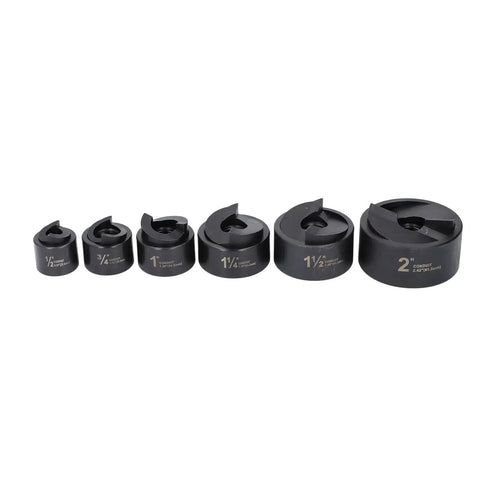 Six knockout punch sizes from the Knockout Punch Set With Six Sizes Manual Ratchet Hole Cutter Kit displayed in a row.