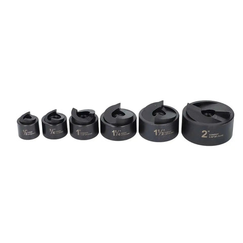 Six metal punch sizes from Heavy Duty Knockout Hole Punch Driver Kit With Six Sizes Manual Ratchet Tool for precise metal sheet punching.