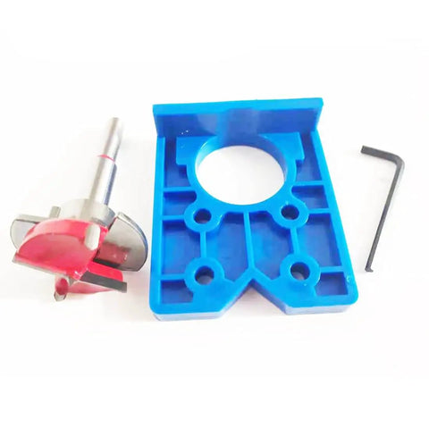 Pro Grade Forstner Drill Bit Set Thirty Five Millimeter Concealed Hinge Jig Kit with blue jig, carbide bit, and hex key