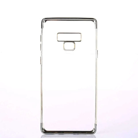 Clear phone case with metallic edges for a large smartphone, showing precise cutouts for camera and sensors, back view.