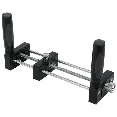 Small stock holder for router tables that secures tiny wood pieces and lets you feed wood safely keeping fingers clear, front view.