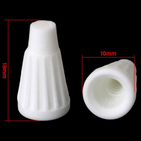 White ceramic wire connector cap, small porcelain twist cap for high-temperature repairs, 20 pcs; front and side views.