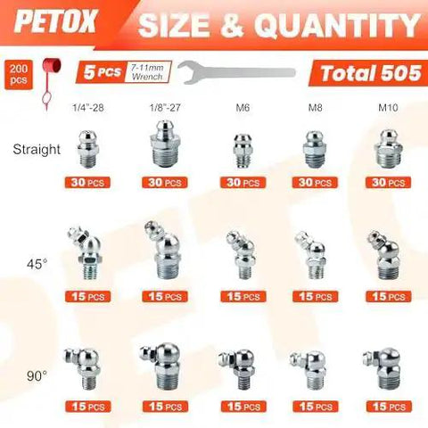 All In One 505 Piece Grease Fittings Kit For Gearheads With Metric And SAE Zerk Assortment Including One Quarter Inch, One Eighth Inch, M6 M8 M10 Straight, 45 Degree And 90 Degree Elbows In Zinc Plated Steel display
