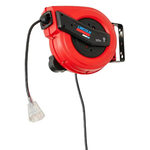 Lincoln 1220B Pro Shop Utility Reel Kit With Air Water Retractable Hose Reel 50 Ft And 60 Ft Tri Tap Power Cord Reel Auto Guide Rewind Magnetic Brake For Industrial Garage Use, close-up view