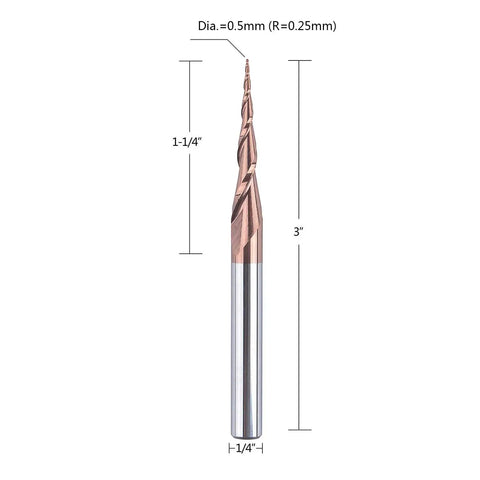 Tapered Ball Nose End Mill Set For CNC Router Four Pack With One Quarter Inch Shank And Radius Two Hundred Fifty Microns Tip