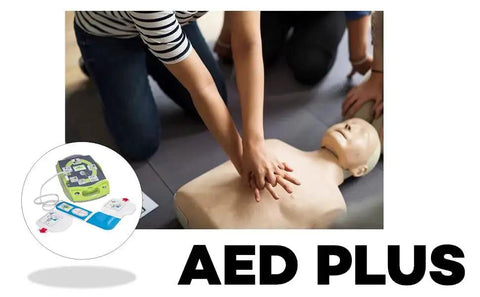 Person performing CPR with Lifesaving Automated External Defibrillator Plus with Real-Time CPR Feedback Zoll shown in inset.