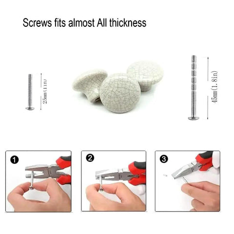 White Ceramic Cracked Cabinet Handles Set of 10 with screws, measurements, and installation tools shown in three steps