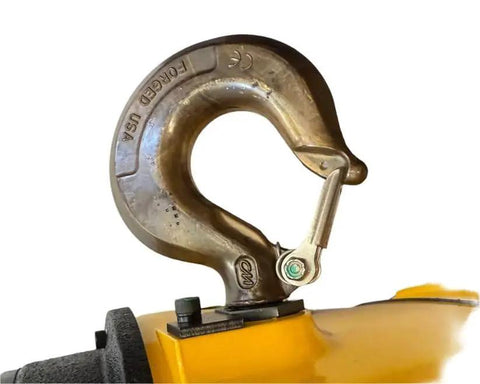 Close-up of spark-resistant hook on Spark Resistant Half Ton Air Hoist With 10 Ft Lift And Pendant Control, showing bronze material.