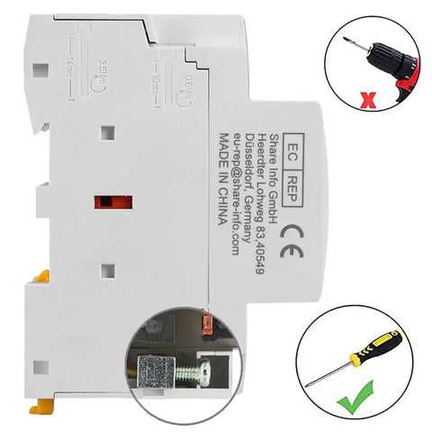 Side view of AC Contactor 63A 2 Pole Workhorse with safety warnings and installation tips, ideal for motor control and pumps.