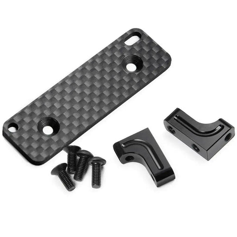 Aluminum alloy RC servo mount plate with carbon-fiber finish; includes two black brackets and screws for 1/10 Axial Wraith RR10 crawler