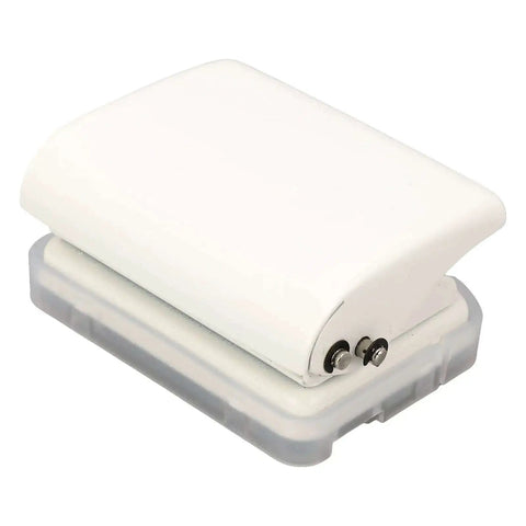 White handheld 3 Hole Puncher for loose leaf A7 A4 paper, showing metal body and compact design with locating columns and scales