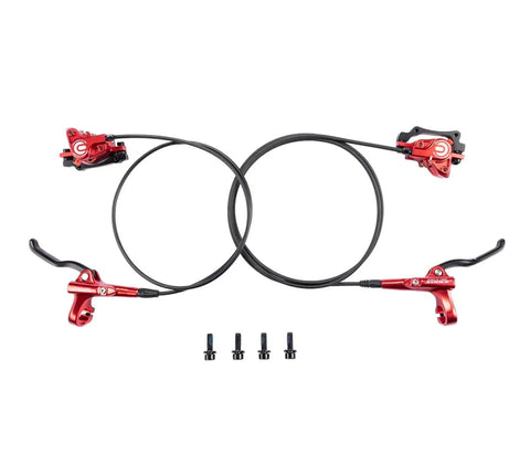 Cyclon MTB hydraulic brake set; red aluminum calipers/levers; two brakes with 1000mm front hose and 1700mm rear hose