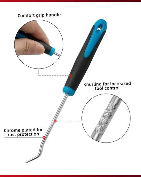 Pro Grade Hook and Pick Set For Automotive Repair With Four Angled Tips Including Straight 45 Degree 90 Degree And 135 Degree tool features