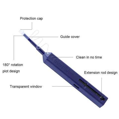 Mexture LC fiber cleaner pen, blue plastic with protection cap, guide cover, transparent window, and extension rod