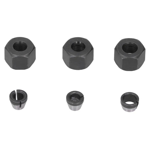 Six Pack 1/4 to 1/8 Collet Adapters for CNC Lathe, Router, and Milling Cutters with screws and nuts, shown in kit components.