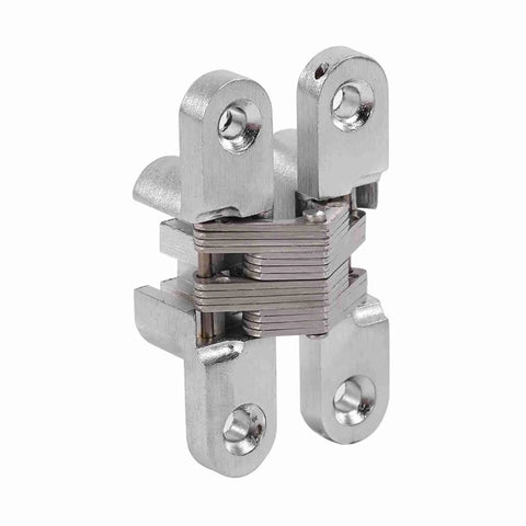 Front view of 180 Degree Zinc Alloy Hidden Folding Door Hinges For Cabinets And Sliding Doors, stainless steel construction.