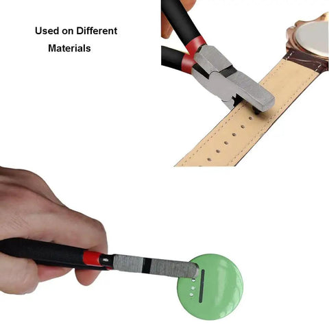 Heavy Duty 2mm Hand Held Sheet Metal Hole Punch Tool Designed for Jewelry Making Leather Watch Bands and Thin Aluminum Sheets Pro Grade Puncher shown in use on watch band and aluminum.