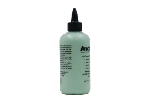 Side view of 8oz bottle of Water Based All Purpose Metalworking Compound for drilling, tapping, and sawing, great on stainless steel, smokeless.