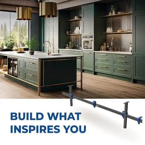 Luxury kitchen with modern cabinetry illustrating Cabinet Hardware Jig Pro XL Flexible Full Length To Compact Setup For Wide Pulls Or Knob Mounts Pro Grade Accuracy With Repeatable Stops And Modular Bar System For Easy Precise Cabinet Hardware Mounting product below.