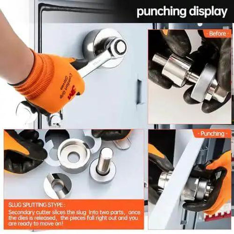 Manual Knockout Hole Punch Driver Kit 1/2 To 2 Inch Conduit Cutter Set in use for creating holes in electrical panels.