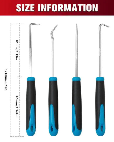 Pro Grade Hook and Pick Set For Automotive Repair With Four Angled Tips Including Straight 45 Degree 90 Degree And 135 Degree