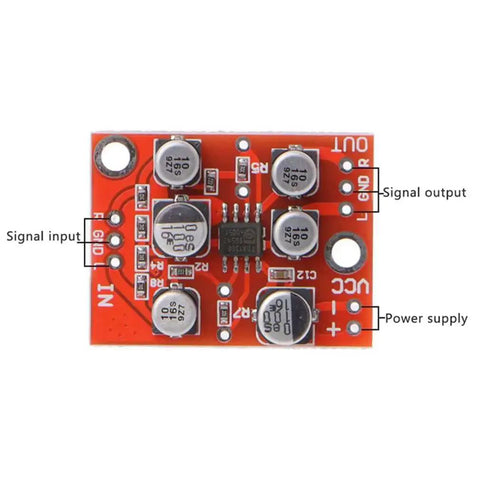 Top view of Three Pack AD828 Stereo Preamplifier Board For DIY Audio Dope Compact Preamp Module with labeled inputs and outputs.