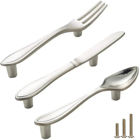 3 Piece Funny Knife Spoon Fork Shape Cabinet Pulls Set For Kitchen Cupboard And Drawer Handles With 3 Inch Center Hole Zinc Alloy Silver