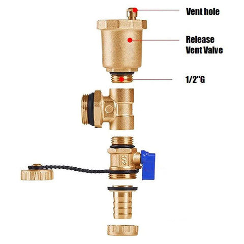 Brass automatic float valve kit with vent valve, 1/2 G fittings, and 1/2 NPT male adapter.