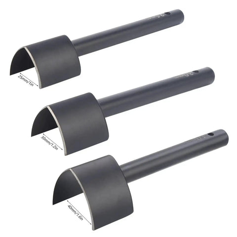 Three 40mm V Shape Leather Punch tools for belt, strap, wallet, bag making, pro-grade steel, half round, sharp edges, non-slip handle.