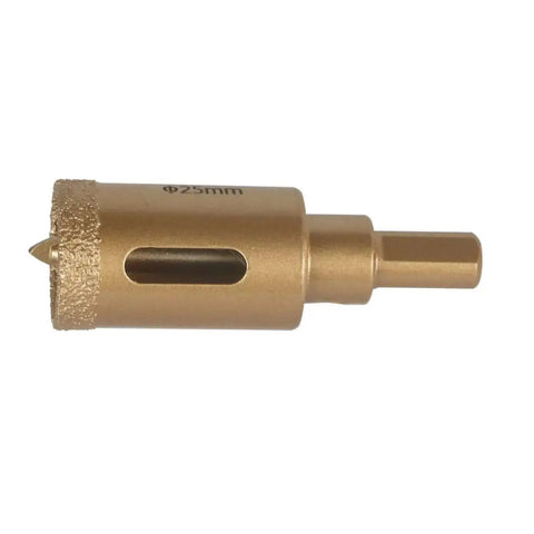 Brazed Diamond 1 Inch Hole Saw With Center Drill Bit For Ceramic Porcelain Tile Glass Marble Granite Quartz Gemstone Dry Drilling 25mm Cutting Depth 35mm Shank 9.5mm Three Eighths Inch Triangular Handle side view