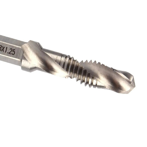 Close-up of All In One HSS Drill Tap Bit M8 X 1.25 Self Centering Chamfering Tool for soft metals, showcasing drill and tap features.