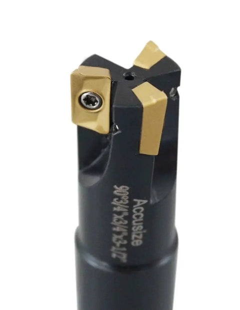 Heavy Duty Three Quarter Inch 90 Degree Square Shoulder Indexable End Mill With APKT11T3 Carbide Inserts close-up view.