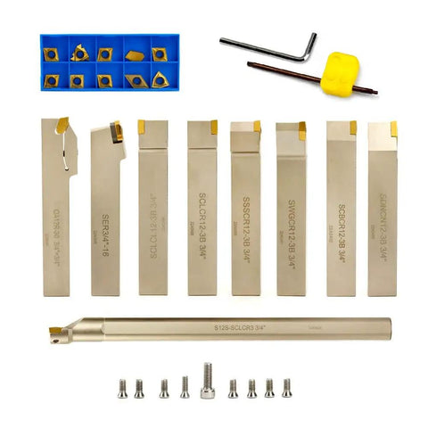 Heavy Duty Nickel Plated Indexable Tool Holder Set With Three Quarter Inch Shank Nine Piece CNC Lathe Tool Holders And Boring Bar