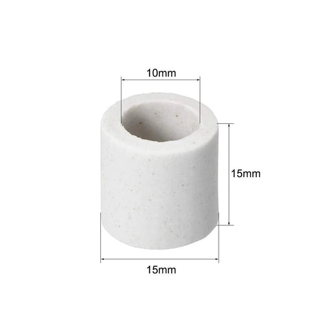 Ceramic insulation tube, 10 mm bore and 15 mm OD, white alumina porcelain high-temp insulator for heating elements.