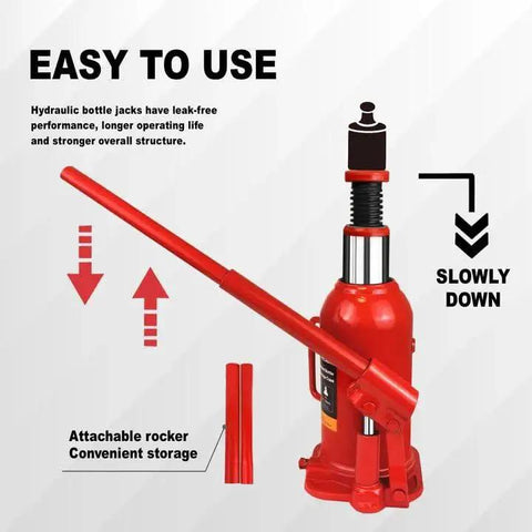 12 Ton Hydraulic Bottle Jack With Carrying Case Lift 8 To 15 Inches For Cars RVs, showing easy-to-use red jack with handle.