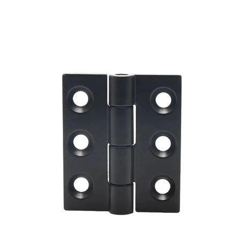 Front view of black JL715 adjustable torque position control hinge with six mounting holes per plate