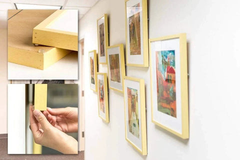 100 Clear Cabinet Door Bumpers Half Inch Self Adhesive Rubber Feet Pads installed on picture frames for cushioned sound dampening