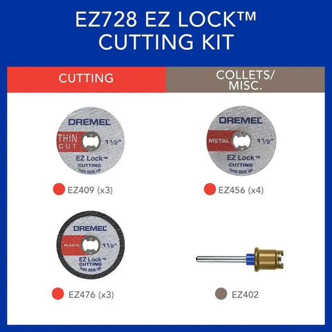 EZ Lock Cutting Accessory Kit For Rotary Tools 11 Piece Set For Metal And Plastic Cutting With Quick Change EZ Lock System Includes A Variety Of Cut Off Wheels Compatible With Dremel EZ728 01