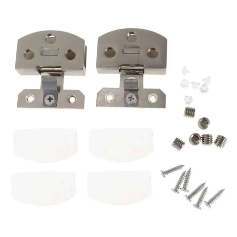 Pack of 2 stainless steel glass door hinge pivot clamps for bathroom cabinets, includes screws and soft-close components, satin nickel finish.