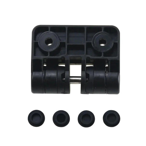 Resin positioning torque hinge, front view; black plastic mounting block with dual pivots and four cap inserts, 1 piece.