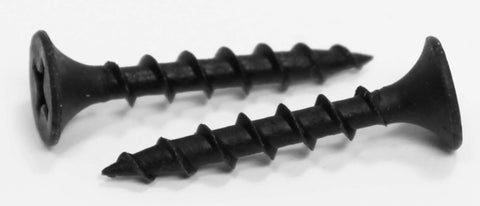 Number Six By One Inch Black High Hardness Drywall Screws With Coarse Threads For Drywall To Wood Or Metal Studs, Phillips Drive, Bugle Head, Ideal For Particle Board, Wood And More, 100 Pack. Close-up of two screws showing coarse threads and bugle head.