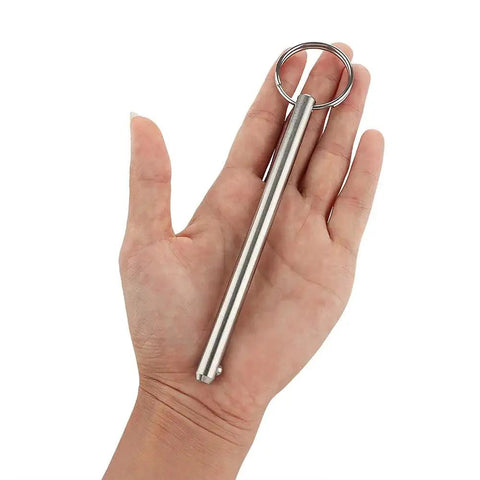 Hand holding 2 Pack Quick Release Pin Diameter Five Sixteenth Inch Eight Millimeter Overall Length Four Point Seven Two Inches Usable