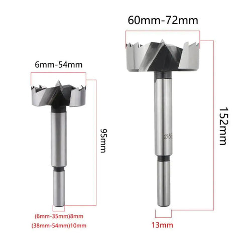 Pro Grade Woodworking Hinge Boring Drill Bits Set 6mm To 72mm Self Centering Hole Saw For Cabinet Doors shown with size dimensions